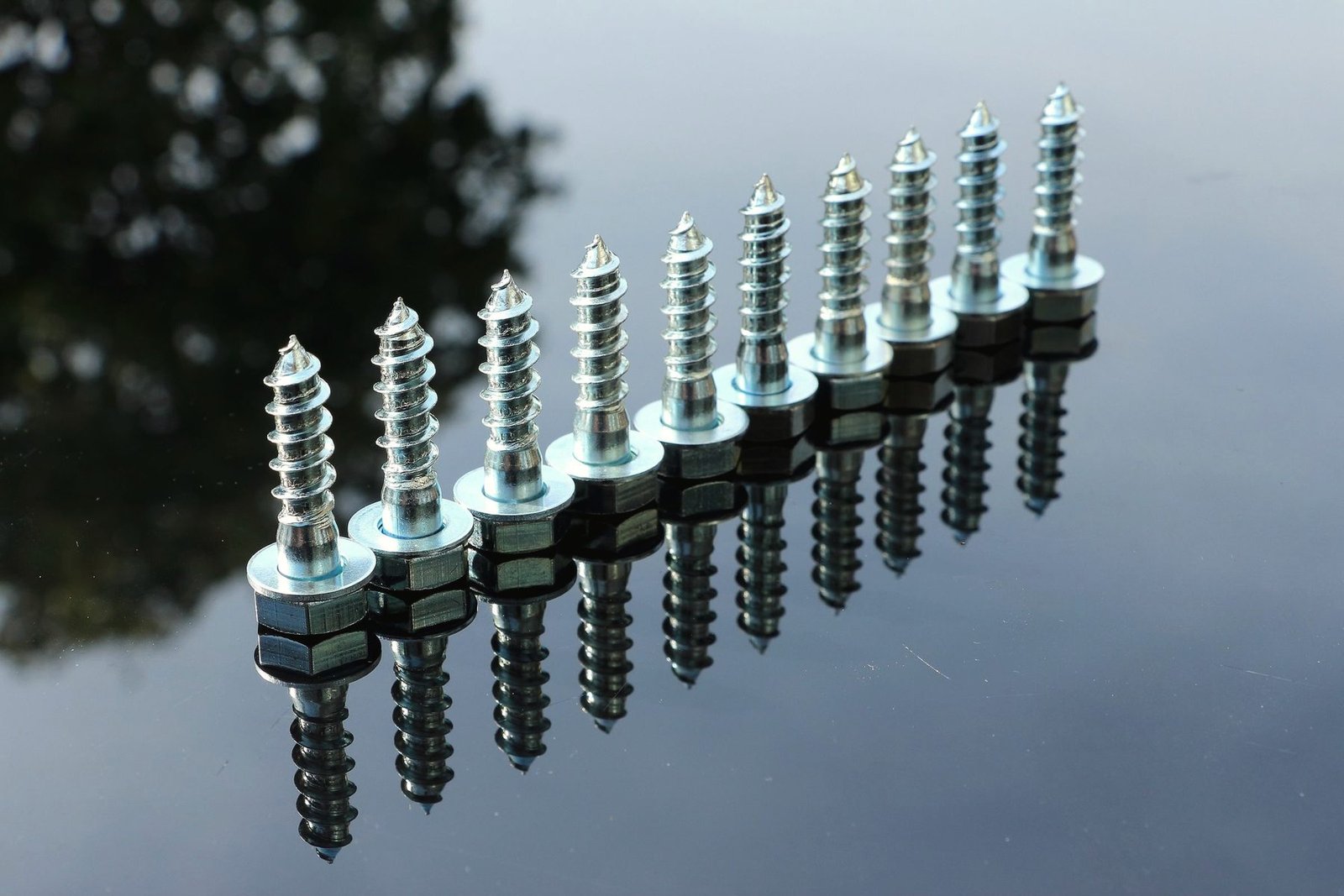 A row of bright plated screws standing on a mirrored surface.