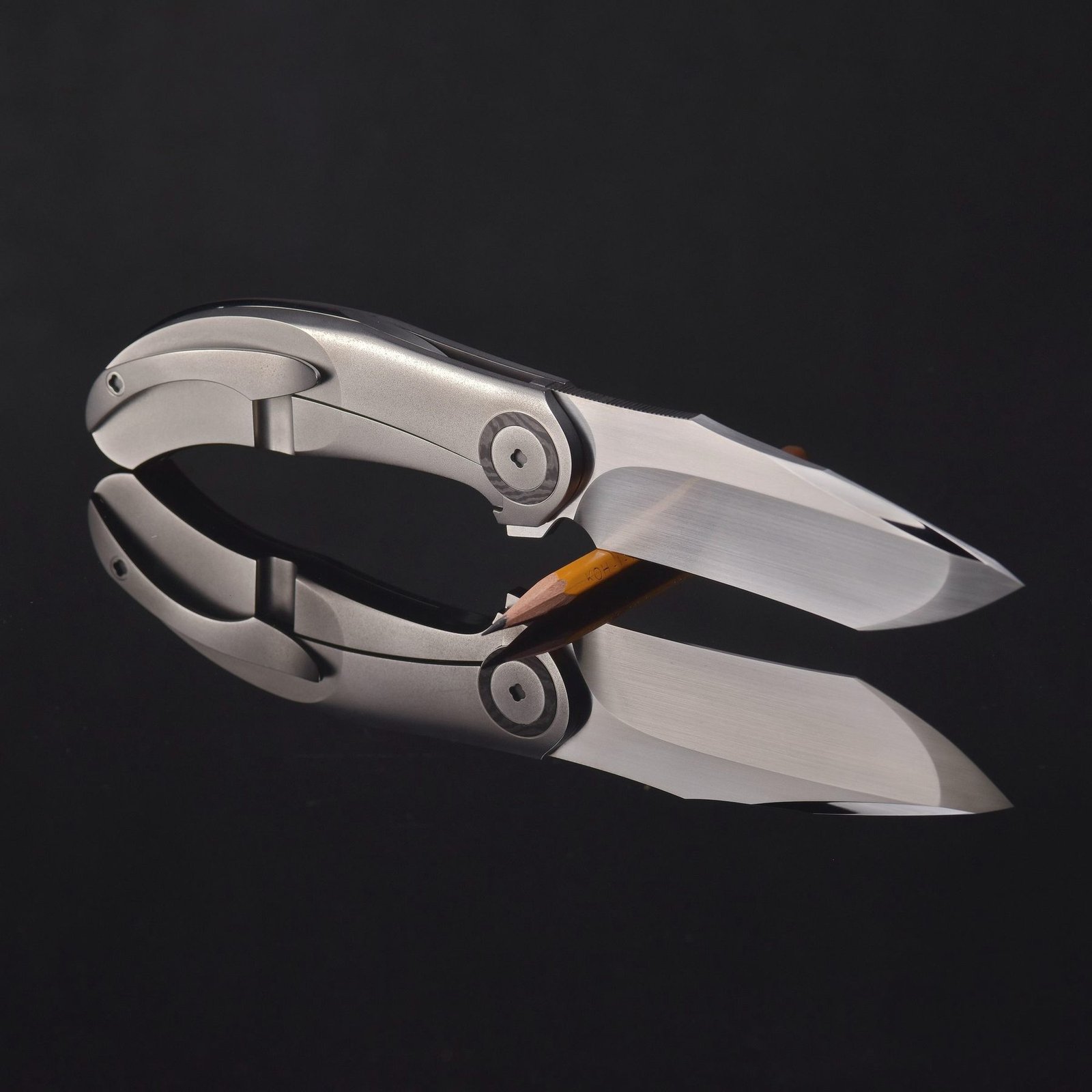 Bright metal shears lying on a dark surface.